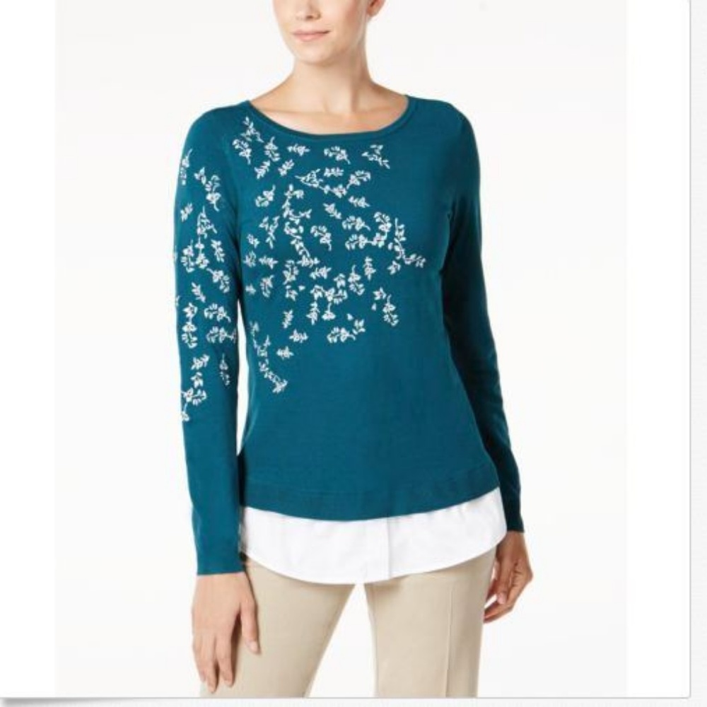 Charter Club Layered-Look Embroidered Sweater Sz M
